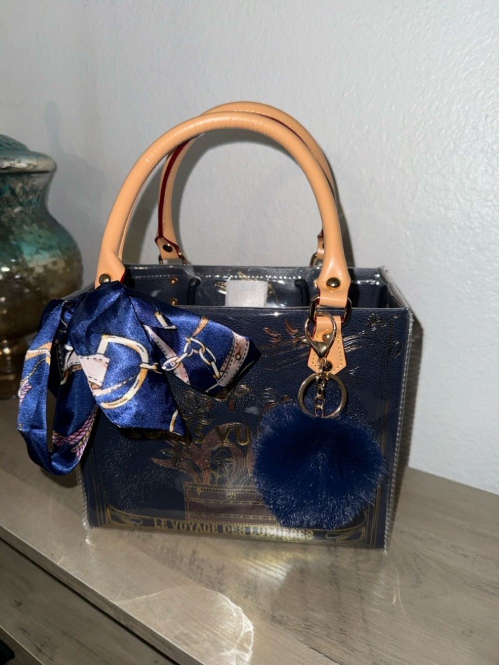 LV Elegant Navy and Gold Tote Handbag with Scarf Accent